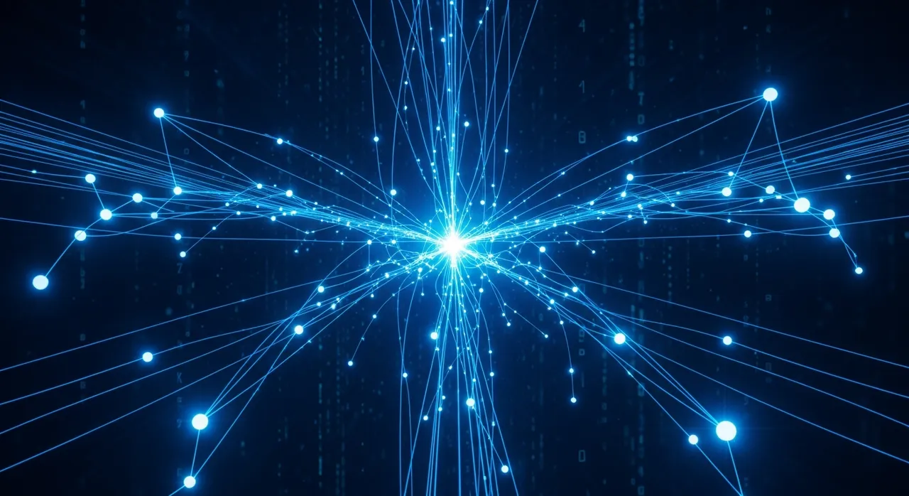 Abstract dark deep-blue futuristic digital network visualization with glowing hub nodes